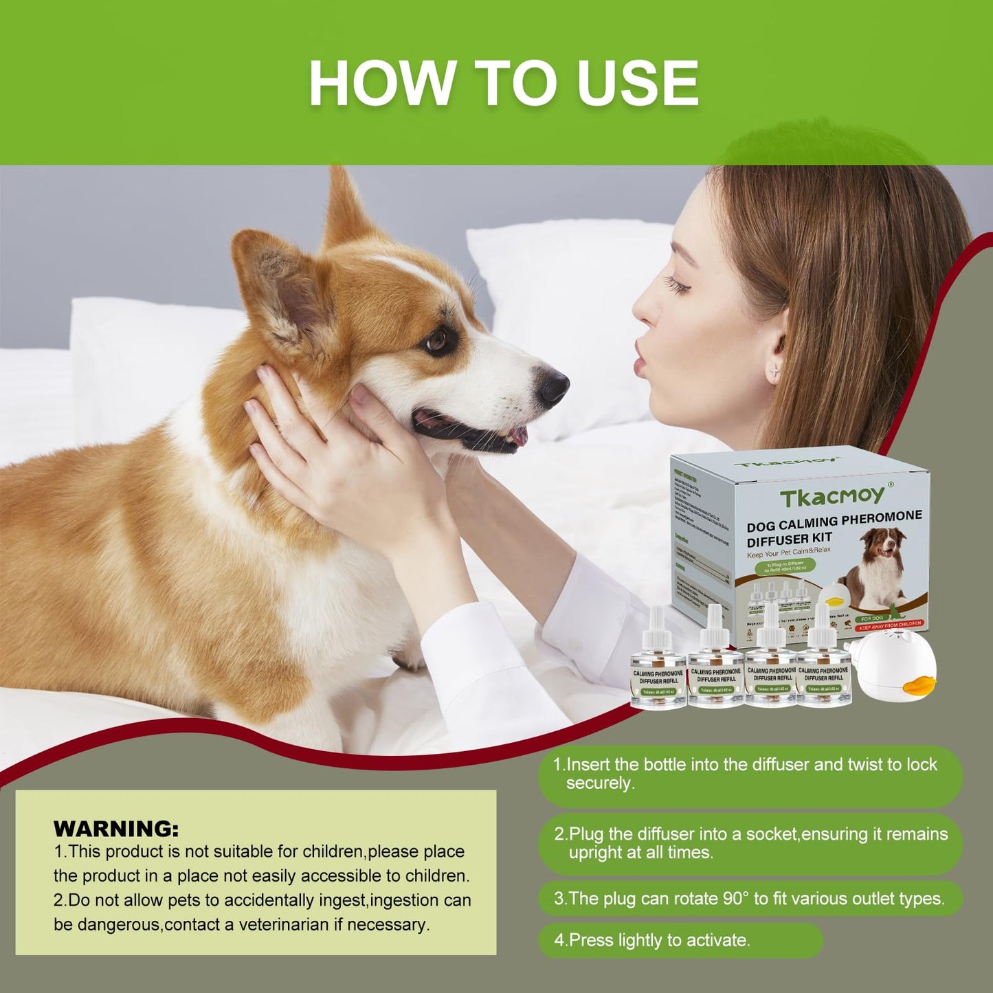 Tkacmoy Dog Calming Diffuser, 4-in-1 Pheromone Refills for Anxious Dogs, 120-Day Continuous Stress & Anxiety Relief for Barking, Chewing, Crate Training