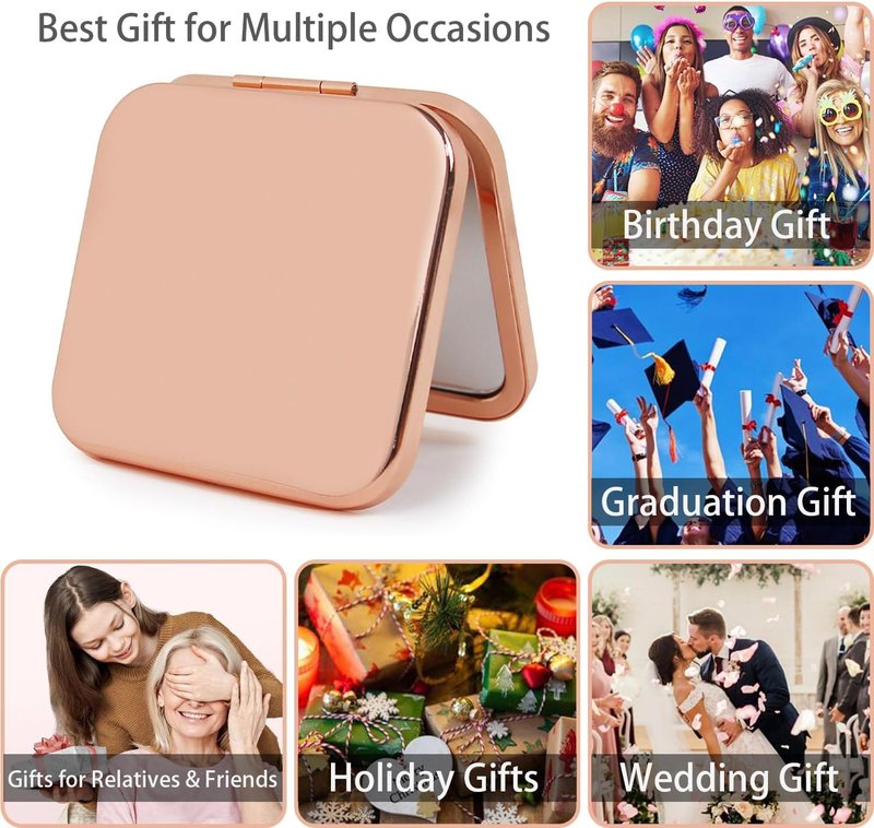 Compact Rose Gold Square Mirror - Double-Sided 1X/2X Magnifying | 2.8” x 2.8” Mini Purse Accessory for Women