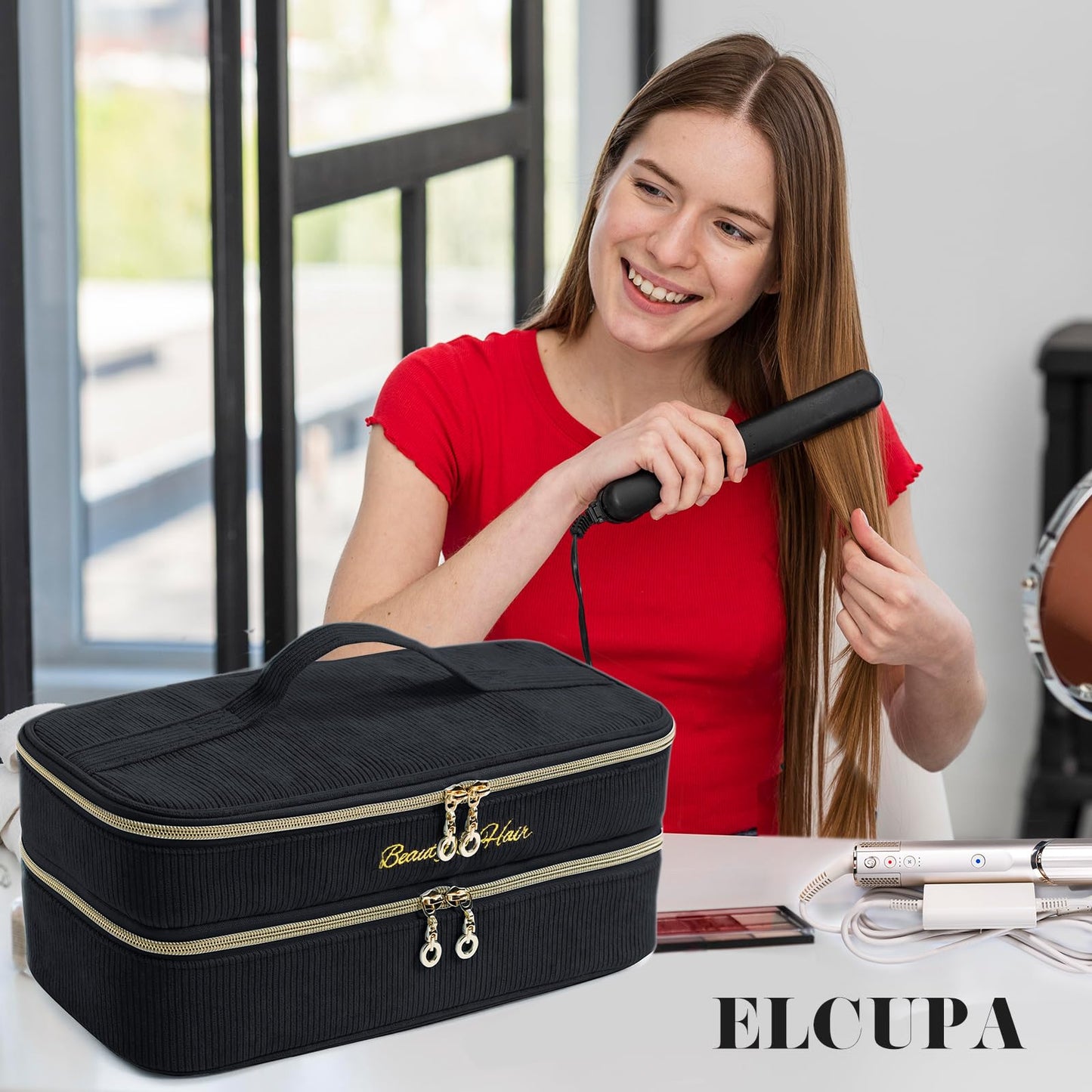 ELCUPA Double-layer Hair Tools Travel Case with Black Hair Dryer Bag with Detachable Divider compatible with Shark FlexStyle/SmoothStyle - Flat Curling Iron Travel Organizer