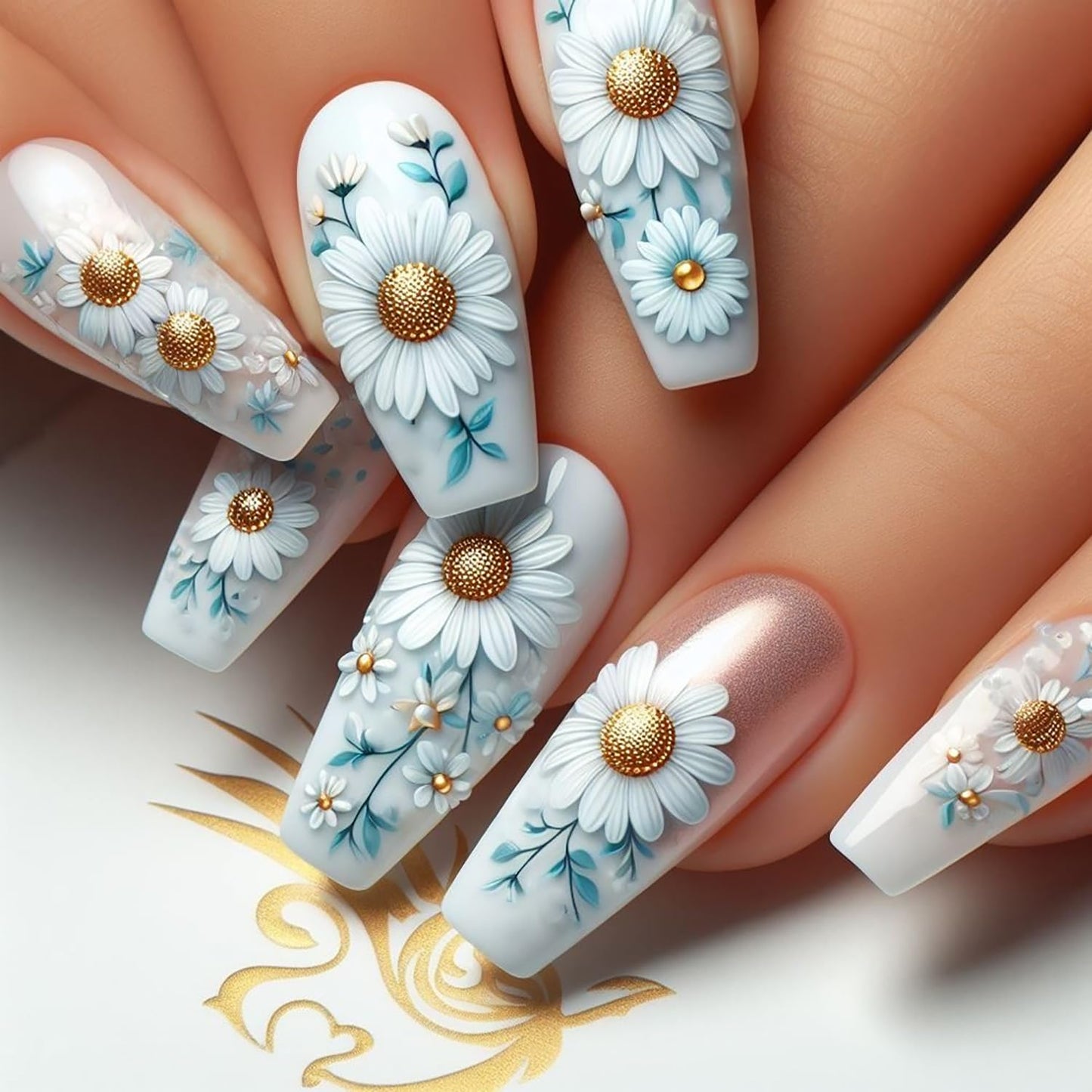 Mushroom Press-On Nails - Medium Flower Fantasy Design | Glossy Full Cover Ballet Shaped Fake Nails for Women