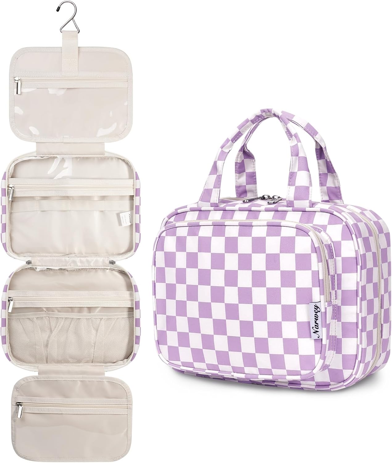 Striped Hanging Toiletry Bag for Women - Travel Makeup Organizer | Medium Dusty Pink Stripe