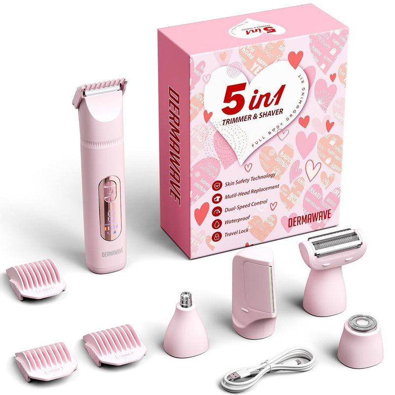 DERMAWAVE 5-in-1 Electric Bikini Trimmer for Women Pubic Hair, Waterproof Electric Razor Foil Shaver Hair Trimmer Epilator for Face, Nose, Ear, Bikini Line Area, Body, Leg, USB-C Rechargeable, Pink