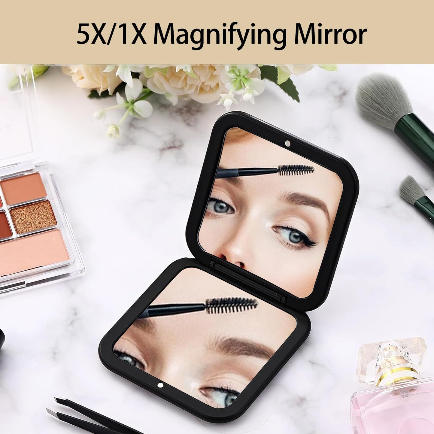 CYHTSHFZ Small Compact Mirror for Purse,5X/1X Travel Magnifying Mirror for Women, Makeup Mirror for Girls, Portable Ultra Slim Pocket Mirror(Black)