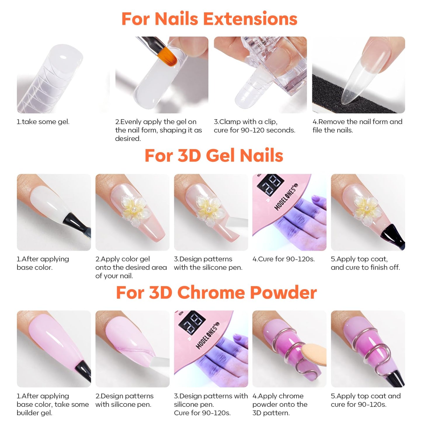 modelones 3D Gel Nail Art Kit, Non-Sticky Solid Builder Sculpting Gel for Nail Art Molding & Extensions with Chrome powder for Beginner DIY or Salon Spring Nails at Home Cured Needed