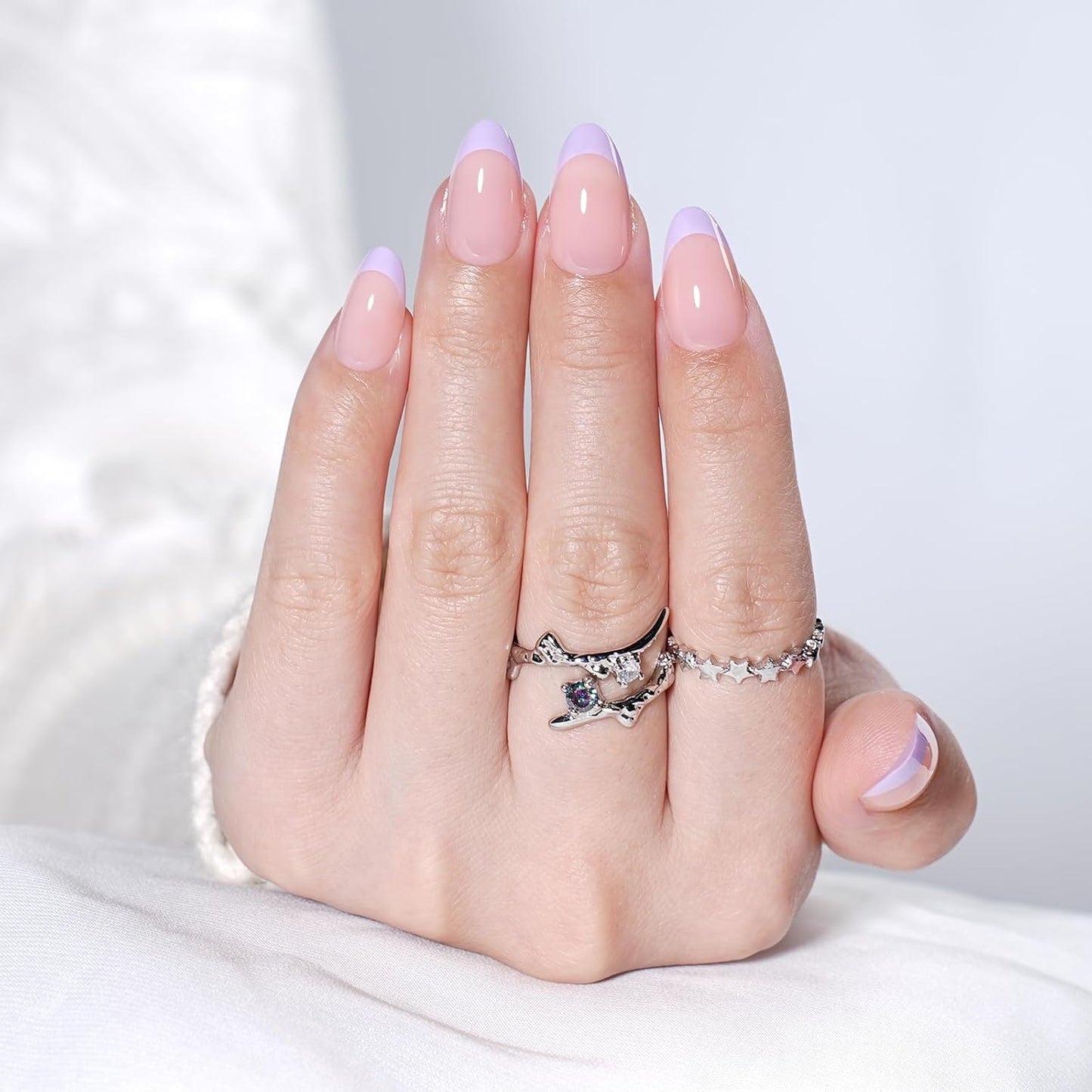 Purple French Tip Press On Nails - Reusable Short Almond Lavender Nails | 32 PCS in 16 Sizes with Glue & Adhesive Tabs