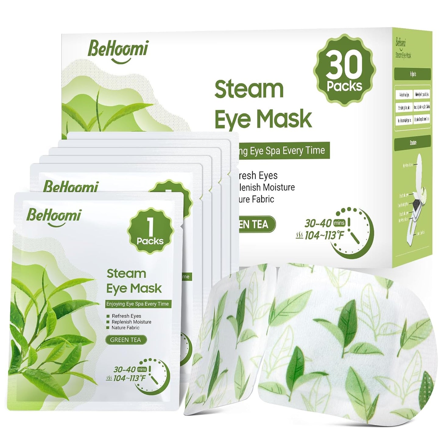 BeHoomi Heated Steam Eye Masks - 30 Packs of Disposable Warm Compresses for Relaxation | Unscented