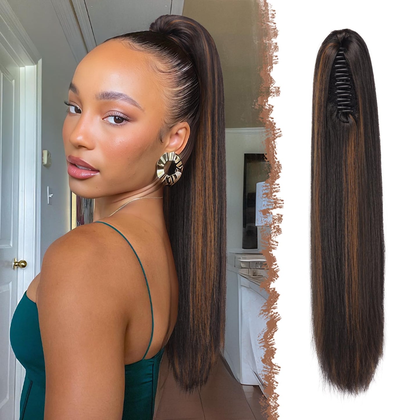 Claw Ponytail Extensions - Long Dark Brown Straight Hairpieces | 25-Inch Synthetic Clip-In Tails