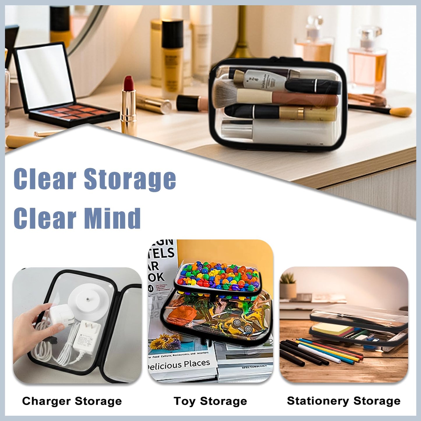 Bifrgmy 4PCS Clear Hard Shell Double-Zipper Pouches, Transparent Plastic Organizer Bags for Travel Cosmetics, Toiletries, Toy Storage & More (Black)