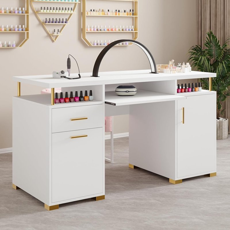 White Nail Desk for Nail Tech | 55-Inch Manicure Table with 2 Drawers & Adjustable Shelf - Elegant White & Gold Design