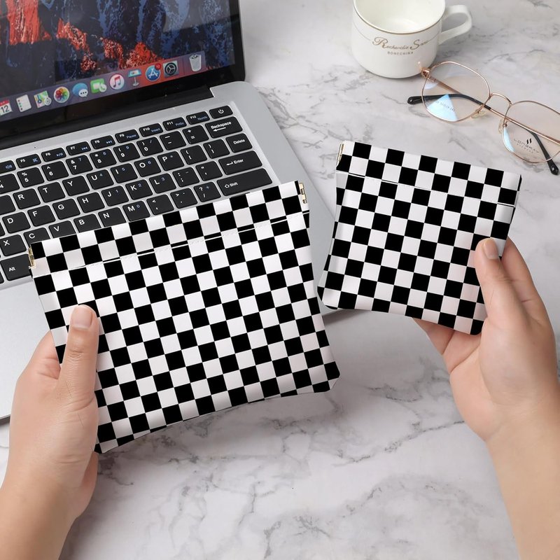 Makeup Bag Set - 2 PCS PU Leather Cosmetic Organizer for Travel | Checkered Design, Portable Self-Closing Pouch
