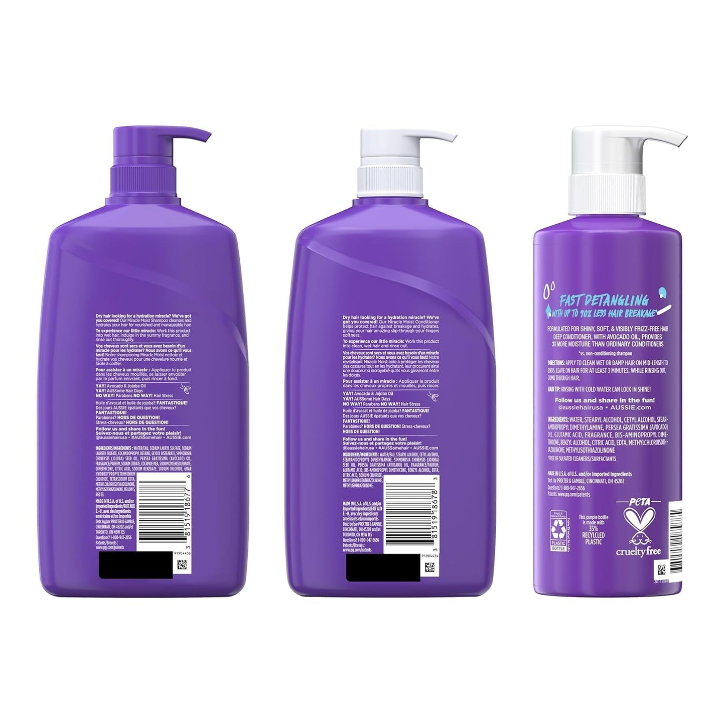 Aussie Miracle Moist Shampoo & Conditioner Set - Deep Moisturizing with Avocado & Jojoba Oil | 3 Pack, 68.4 Fl Oz