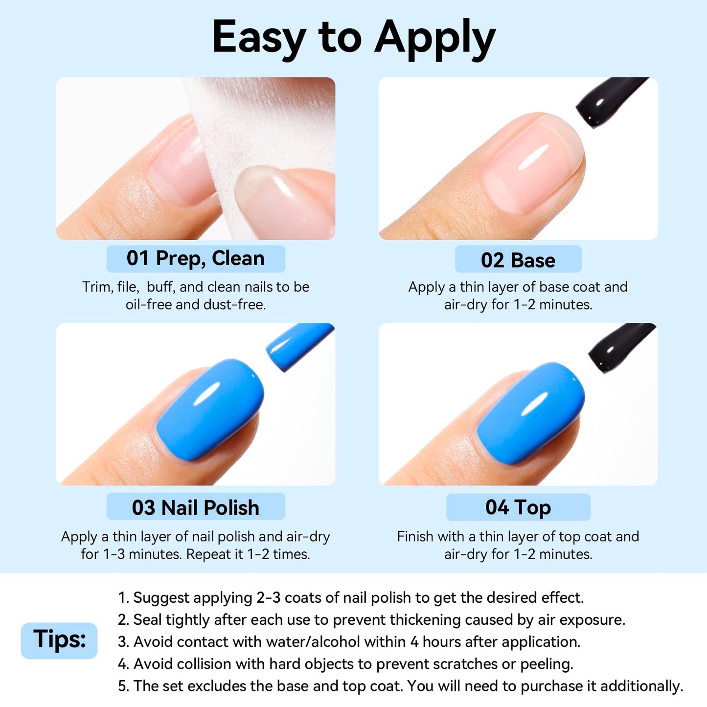 Nailshion Blue Nail Polish Set: 6 Colors Light Navy Royal Teal Ocean Baby Blue Collection Toe Fingernail Polish, Quick Dry Non Gel, High Gloss Shine, Summer Nail Art Gift for Women Girls