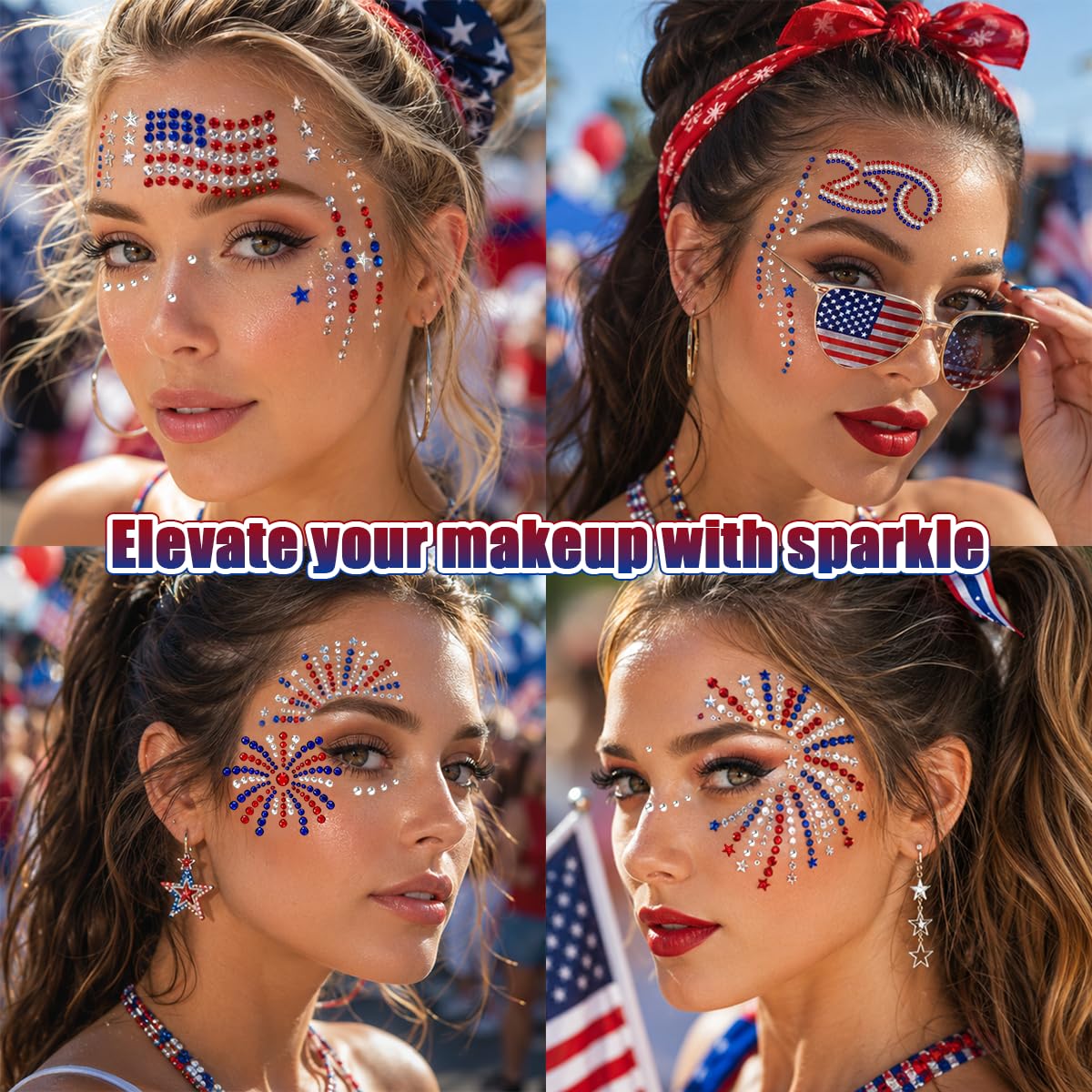 Mysense 4th of July Face Gems Stickers, Red White Blue Rhinestone Face Jewels, 250th Anniversary Flag & Fireworks, Self-Adhesive for Women’s 4th of July Outfits, Makeup & Party Accessories