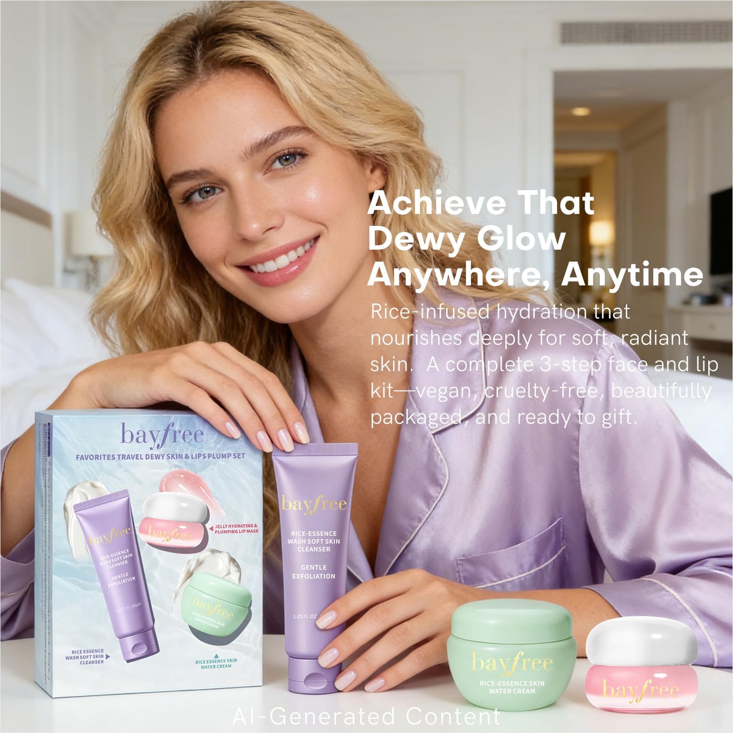 bayfree Favorites Travel Dewy Skin & Lips Plump Set, Hydrating Korean Skin Care Set with Rice-Essence Wash, Water Cream & Lip Mask, Gentle Vegan Skincare Gift Set for Girls Women, Glowing Skin