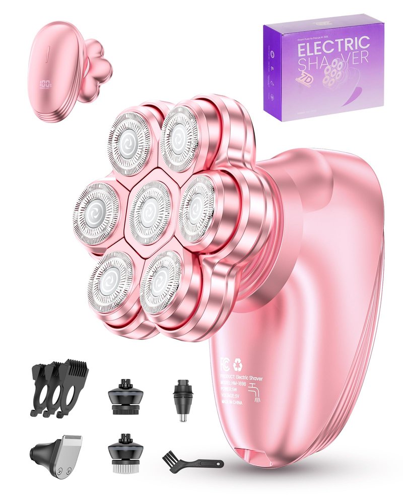 5-in-1 Electric Razors for Women, 7D Magnetic Heads Full Body Shaver, Waterproof Wet Dry Hair Remover with LED Display, Rechargeable Bikini Trimmer for Underarms, Face, Legs, Lips, Arms (Pink)