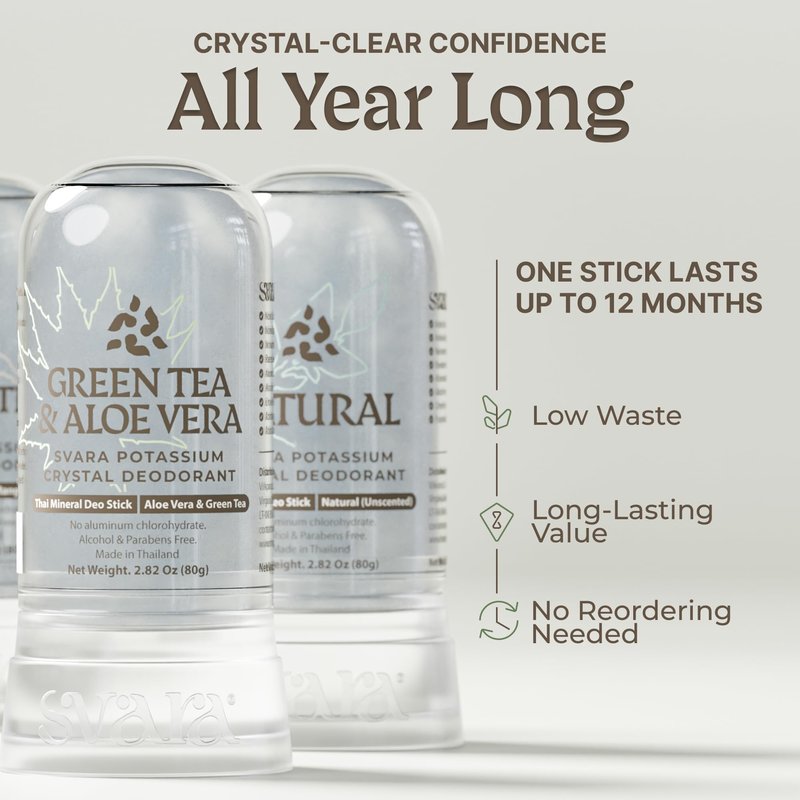 SVARA Natural Alum Crystal Deodorant Stick for Women & Men – Potassium Alum Stone for Odor Control,Non-Sticky Mineral Rock Design for Daily Freshness & Easy Application–Green Tea & Aloe Vera (2.82Oz)