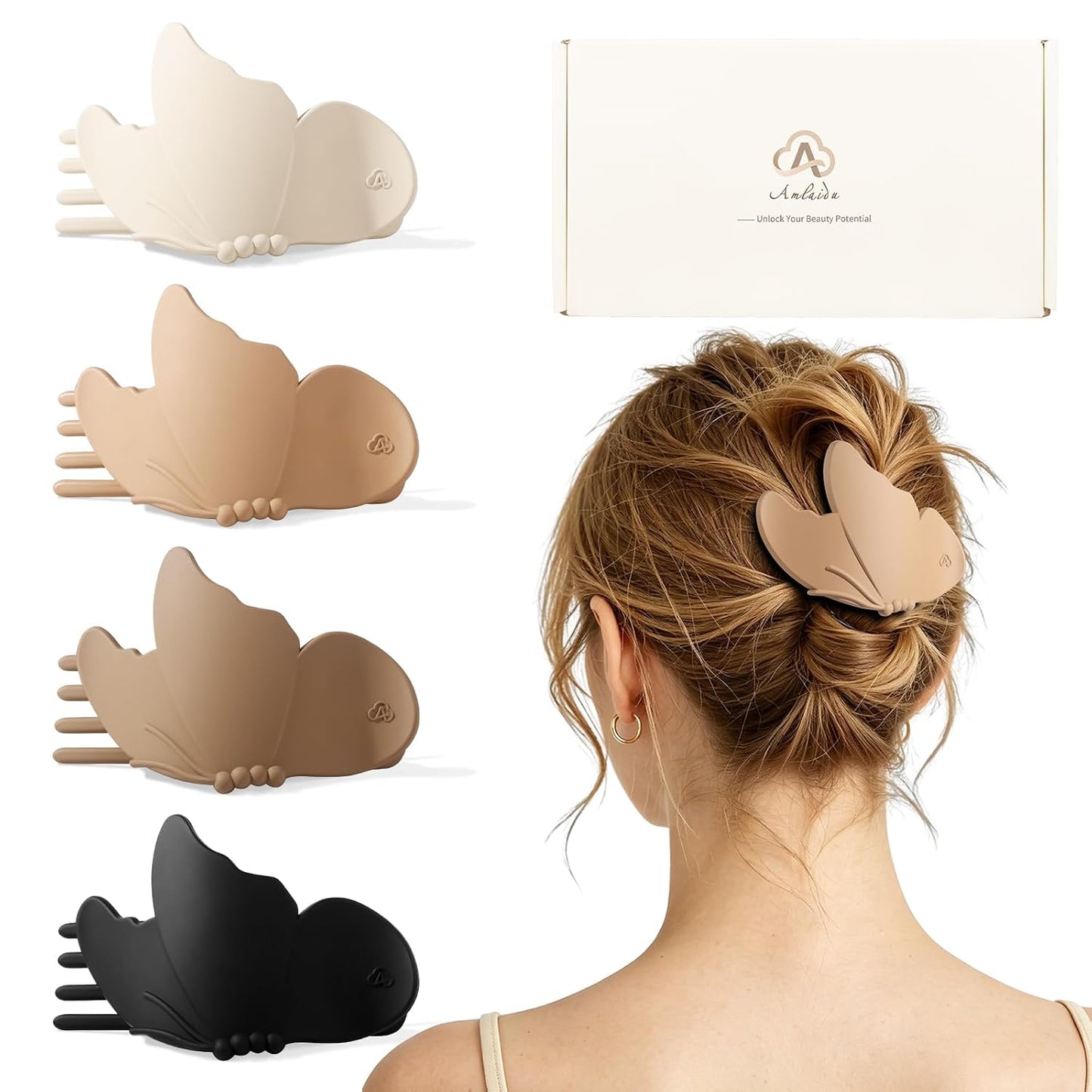 Large Flat Hair Clips for Thick & Thin Hair - Butterfly Claw Clips for Women | 4 Pcs in Beige, Brown & Black