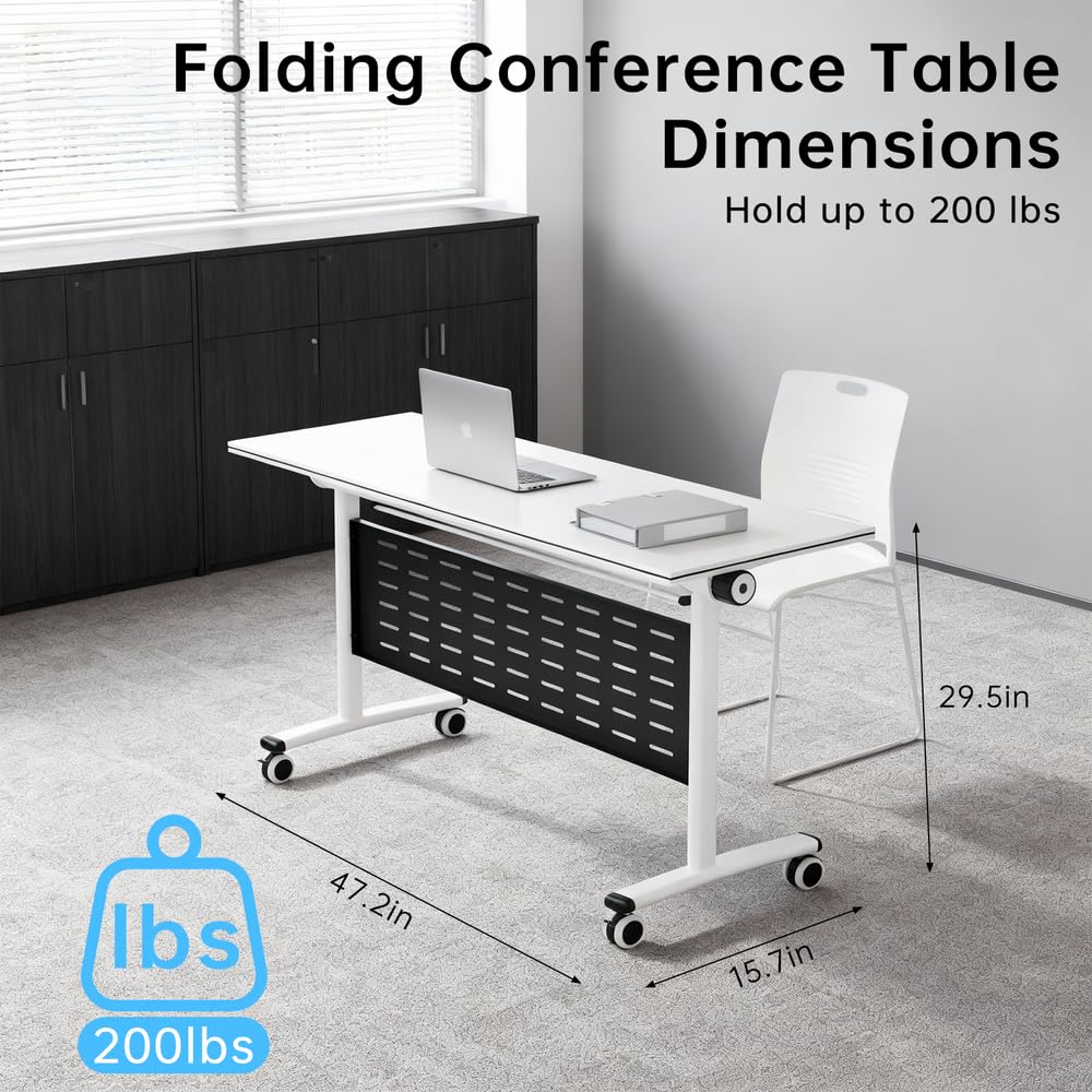 Jyrvonxex Foldable Conference Room Table,Modern Large Mobile Meeting Table with Storage Shelf,Modular Flip-Top Seminar Tables Desk with 360° Silent Wheels for Home Office and Training Classroom,White,