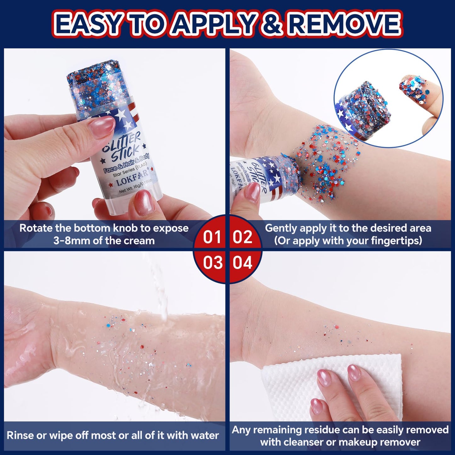 4th of July Glitter Stick | Patriotic Red White and Blue Glitter Stick for Face Body Hair, Fourth of July Accessories & Outfits for Women, USA Flag Makeup for American 250 Anniversary & Memorial Day