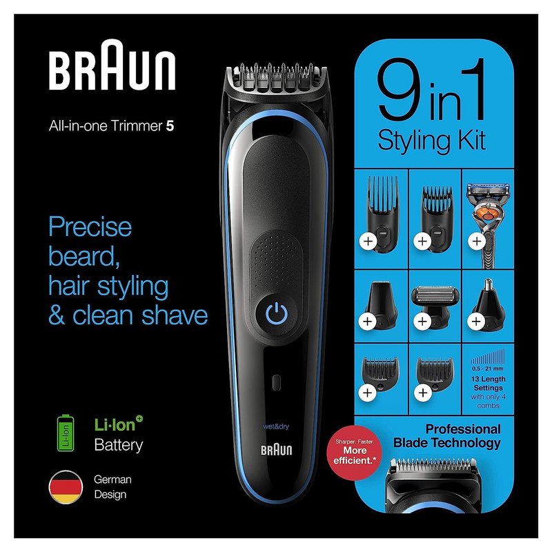 Braun Hair Clippers for Men 9-in-1 Beard, Ear and Nose Trimmer, Mens Grooming Kit, Body Groomer, Cordless & Rechargeable with Gillette ProGlide Razor, Black/Blue