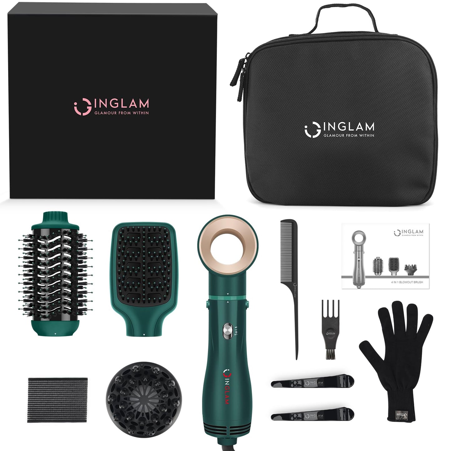IG INGLAM Hair Dryer Brush, 4-in-1 Detachable Blow Dryer Brush, Ionic Diffuser Hair Dryer & Styler Volumizer with Oval Titanium Barrel, One-Step Hot Air Blowout Styler, Dark Green