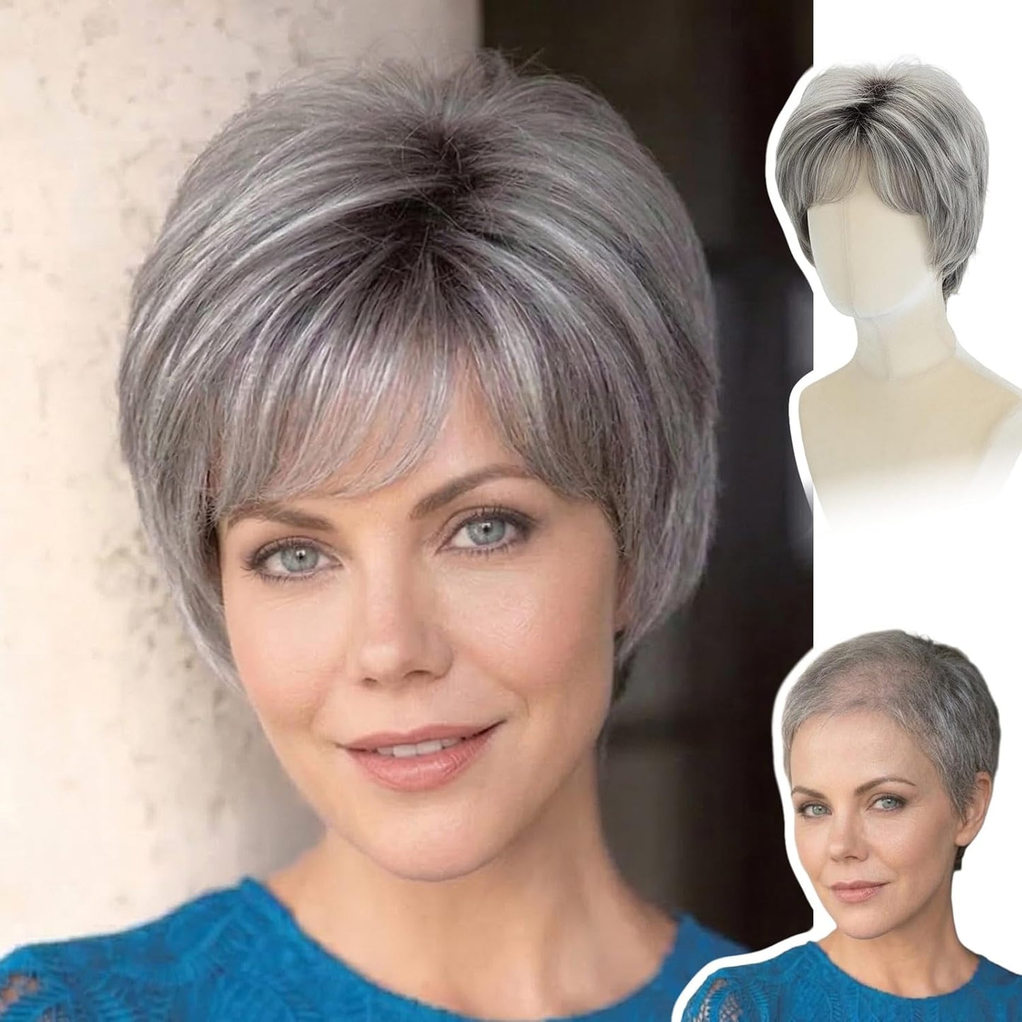 Short Pixie Wig for Women | Curly Ash Blonde with Dark Roots - Heat-Resistant Synthetic Wig with Bangs, Lightweight Cap