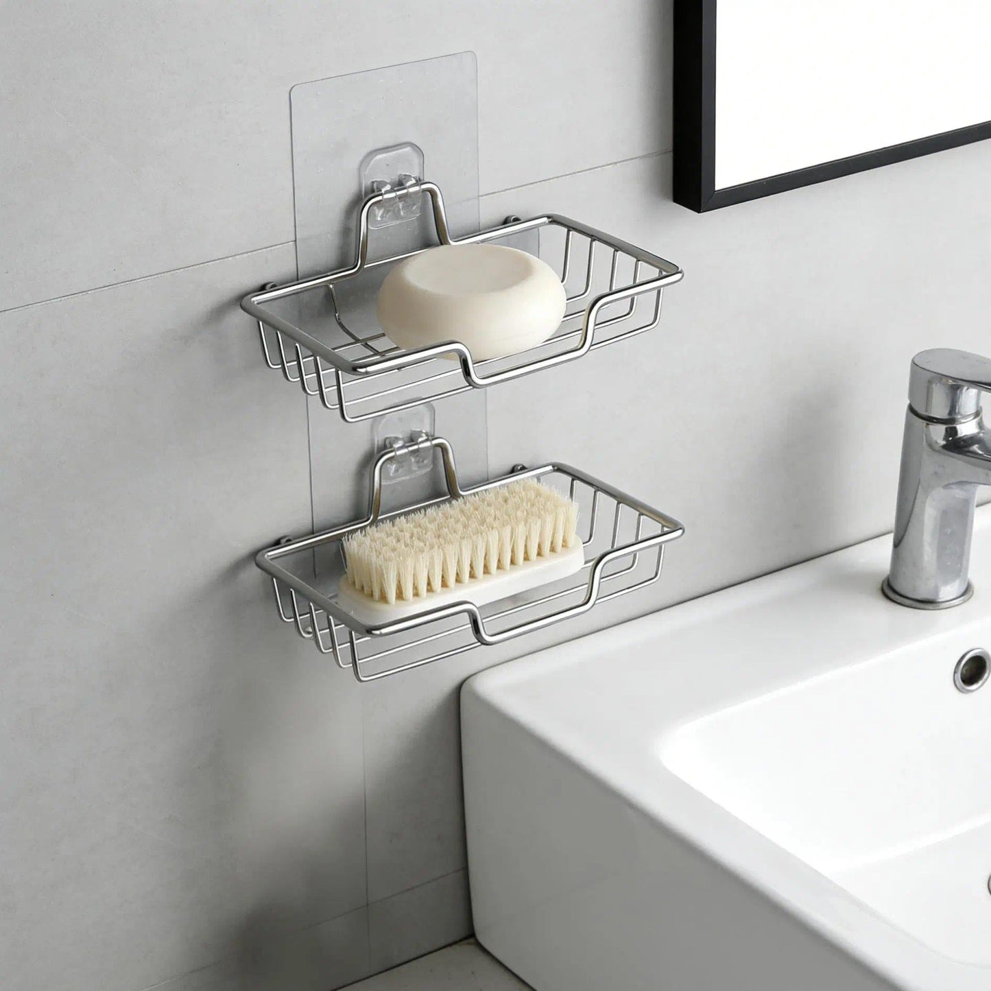 2 Pack Soap Holder for Shower Wall, Stainless Steel Wall Mounted Soap Dish with Draining Tray, No Drilling Adhesive Bar SoapSponge Holder for Bathroom and Kitchen, Silver