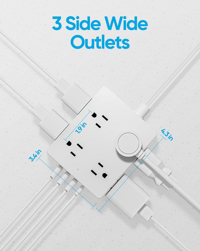Olcorife Flat Plug Power Strip with 10 FT Extension Cord, 8 Outlets 4 USB Ports(1 USB C), 3 Sided Outlet Extender for Home Office Travel Dorm Room Essentials, White