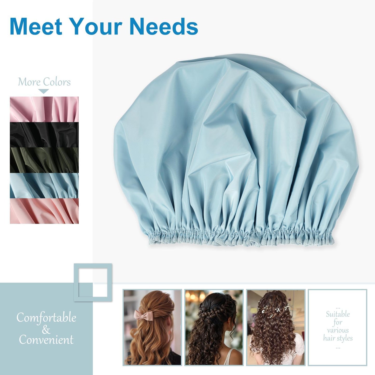 Reusable Shower Cap for Women, Waterproof Shower Bonnet, Washable Elastic Band Bath Hair Hat for Long Hair, Braids