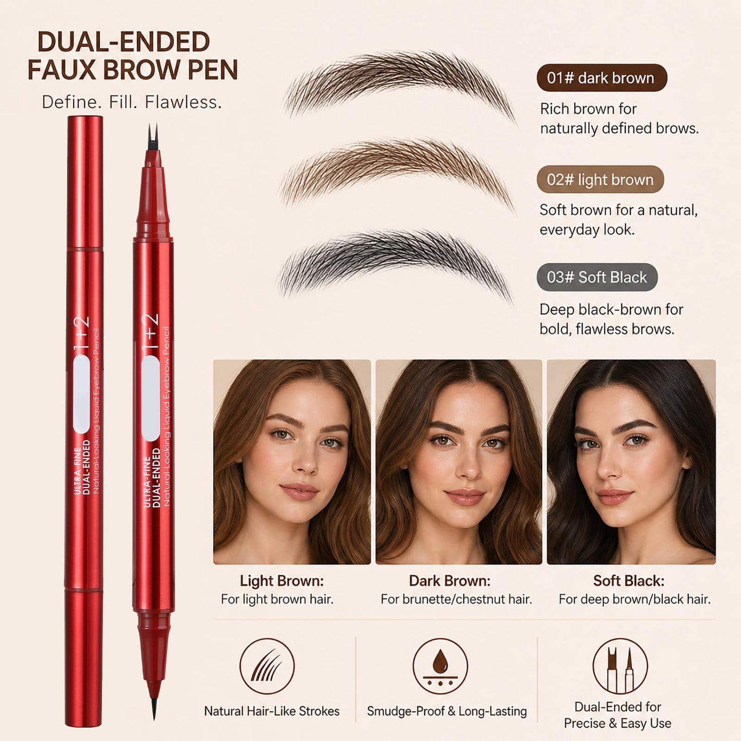 Dual-Ended Faux Brow Pen, Hair-Like Liquid Eyebrow Pencil with Double-Brush Tip & Precise Single Tip, Fast & Easy Makeup for Sparse Brows, Waterproof & Smudge-Proof Eyebrows Dark Brown