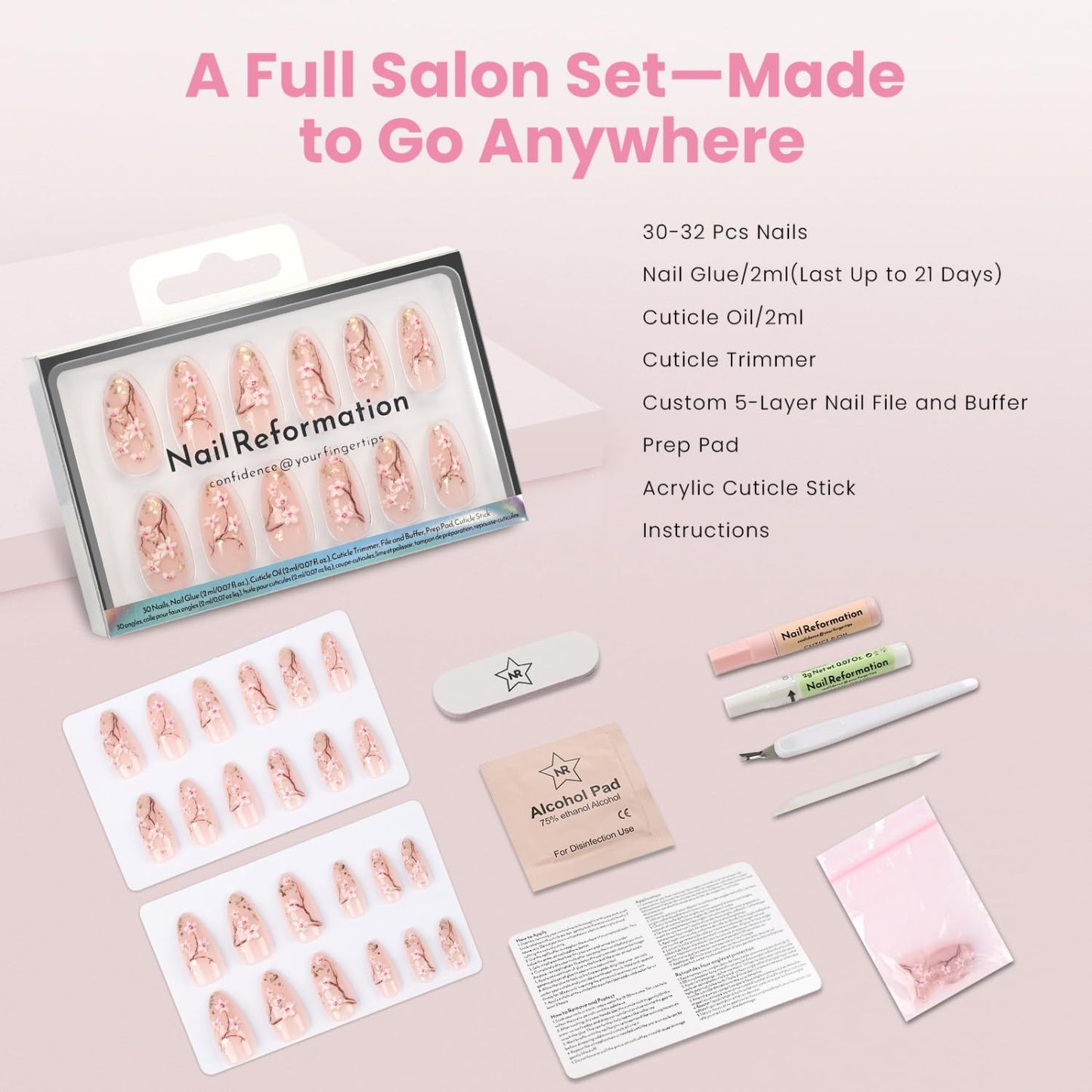 Press On Nails - Floral Medium Almond Sakura Design | Reusable Salon Quality Fake Nails with Gold Flecks - 30 Nail Kit in 15 Sizes