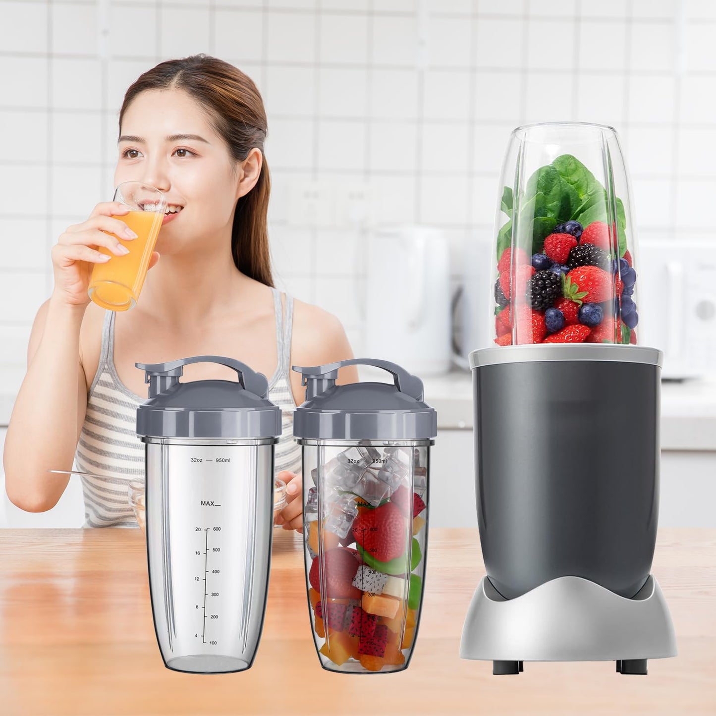 For Nutribullet Blender Cups, Blender Replacement Parts 32oz Cups with Flip-Top To-Go-Lid Compatible with Nutribullet Replacement Parts 32oz for Nutri Bullet 600W and 900W NBR-0601WM