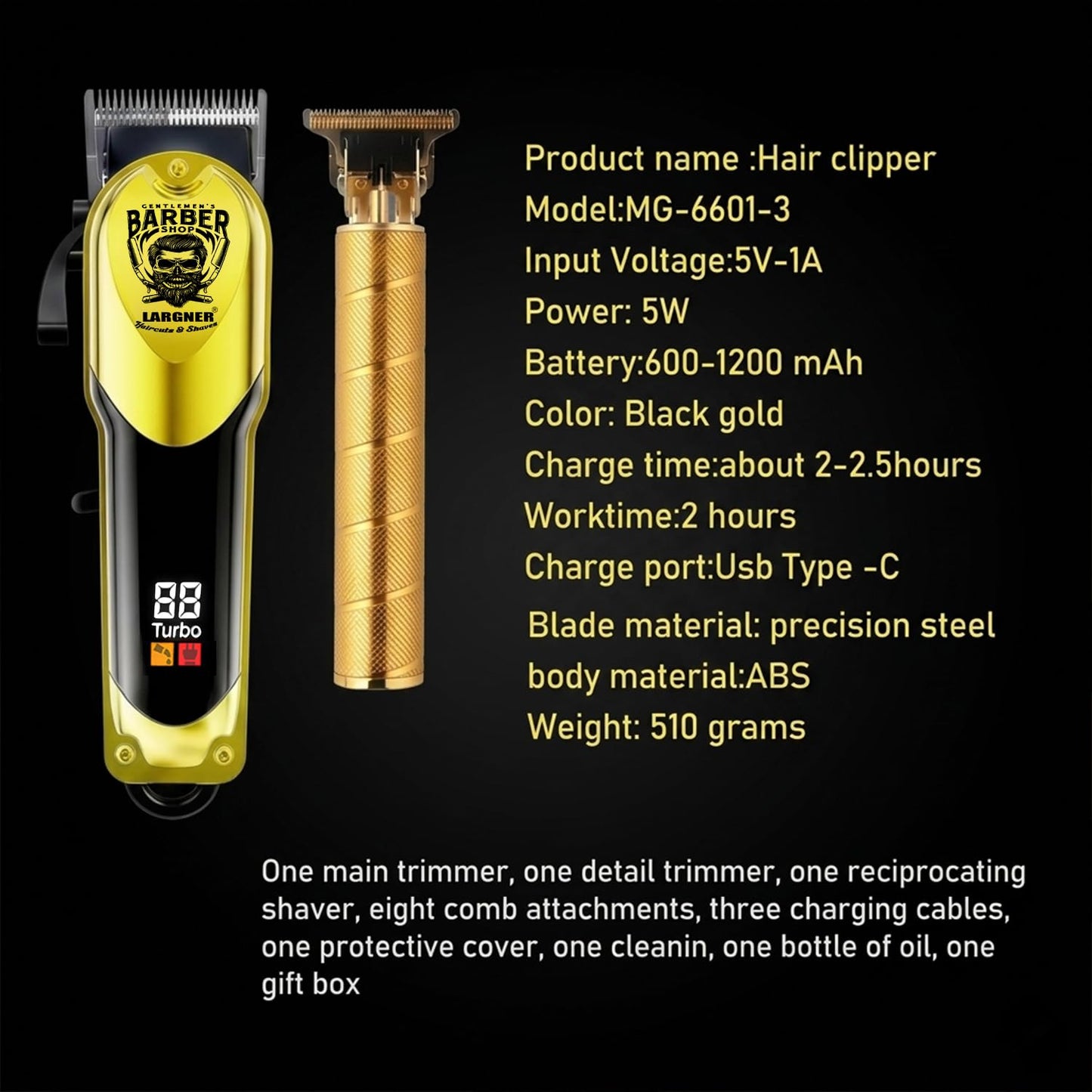 Largner Hair Clippers for Men Professional, Cordless Beard Trimmer & Electric Razor Shavers for Men, Rechargeable 3 Piece Barber Hair Cutting Kit LED Display Men's Grooming Kit