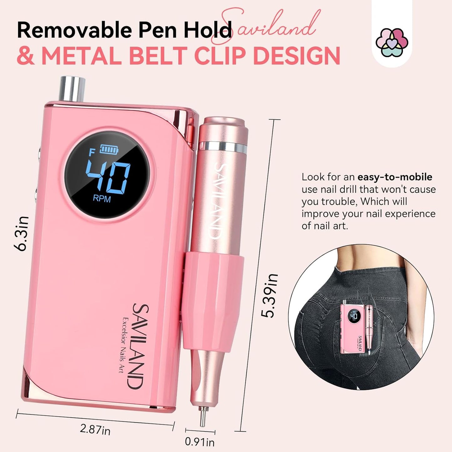 **SAVILAND Professional Nail Drill - 40000RPM Rechargeable Electric Filer Kit for Acrylic Nails | 6000mAh Battery, Pink**