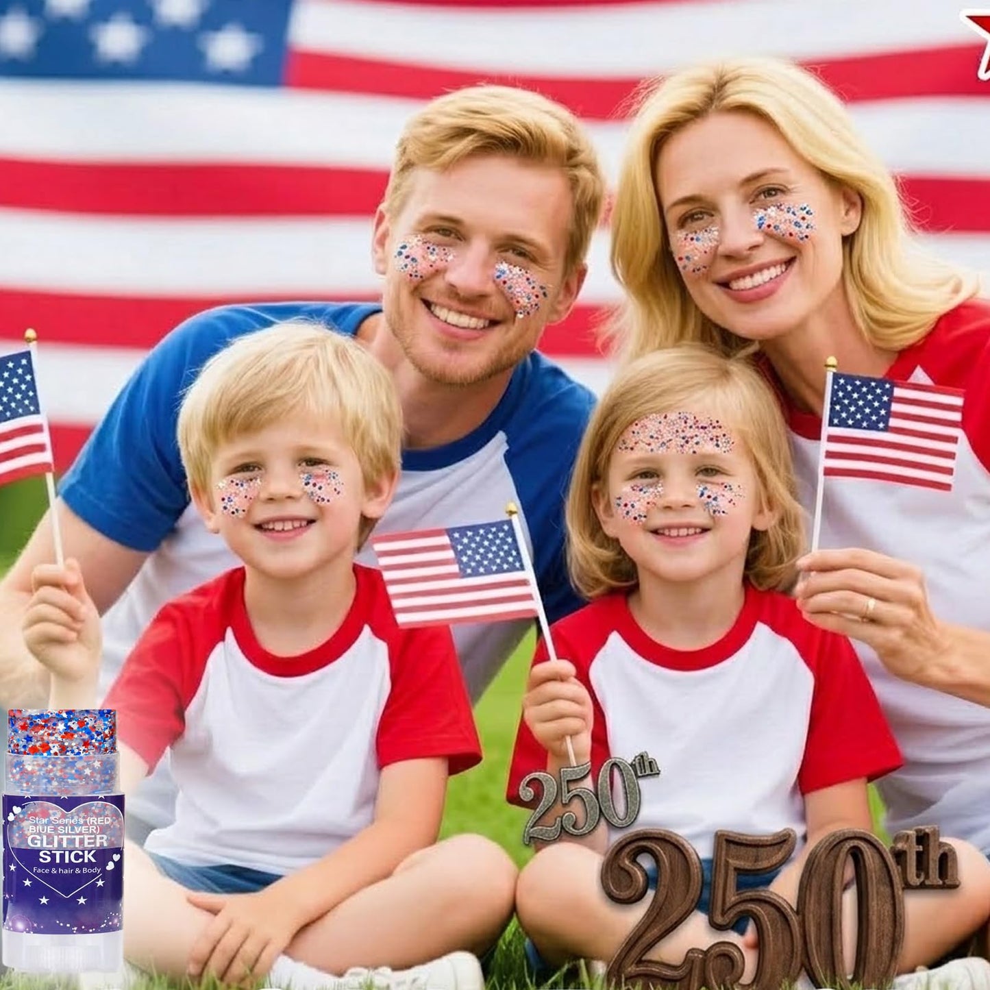 Paminify Red White Blue Hair Glitter Stick,4th of July Patriotic America Flag Star Face Body Glitter,250th Independence Day Outfits for Women, Waterproof Cheer Glitter Makeup for Soccer Game