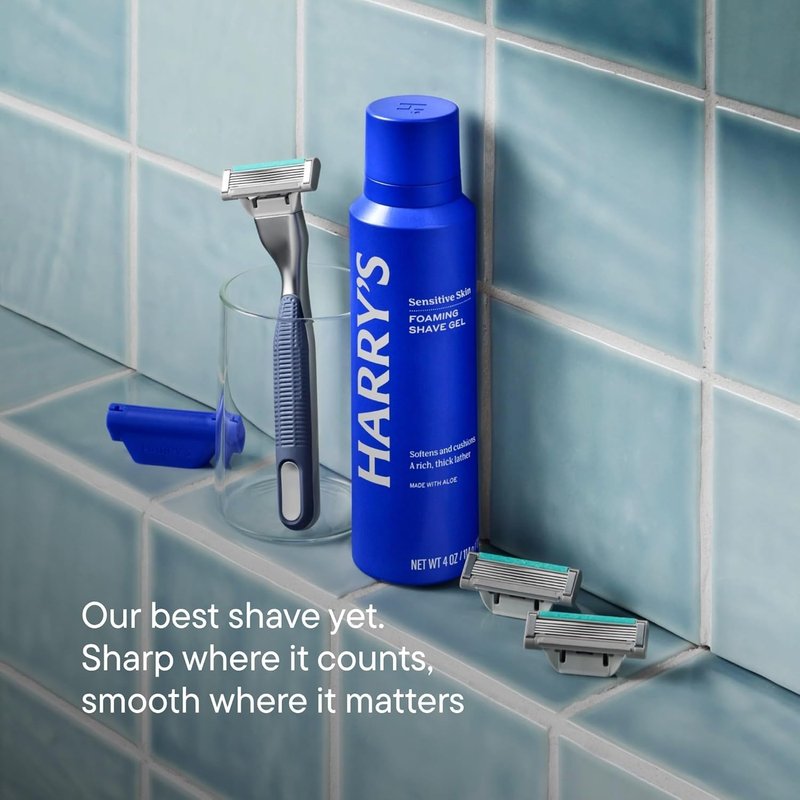 Harry's Plus Trial Shaving Kit for Men - Premium Handle, Razor Blade Cartridge, Foaming Shave Gel, and Travel Blade Cover - Advanced Pivoting System - Clay