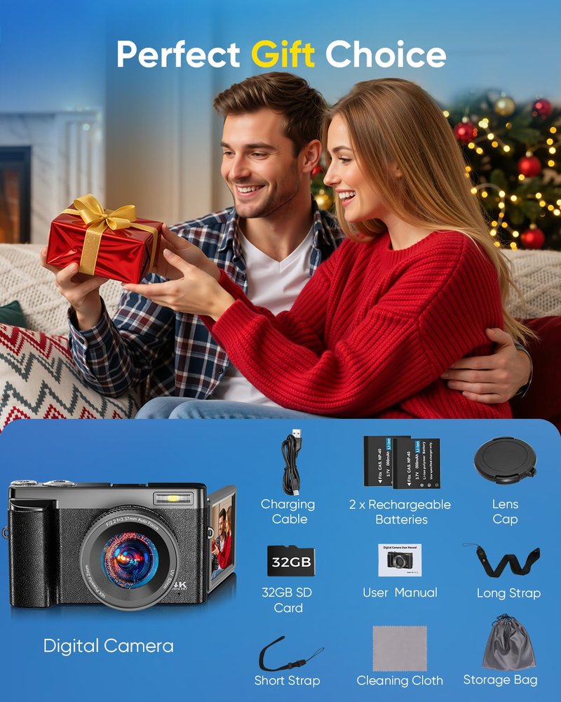 4K Digital Camera for Photography, 2026 Latest WiFi 64MP Vlogging Camera for YouTube with 180° flip Screen, Autofocus Anti-Shake, 16X Zoom, Compact Travel Camera, 32GB Card, 2 Batteries, Black