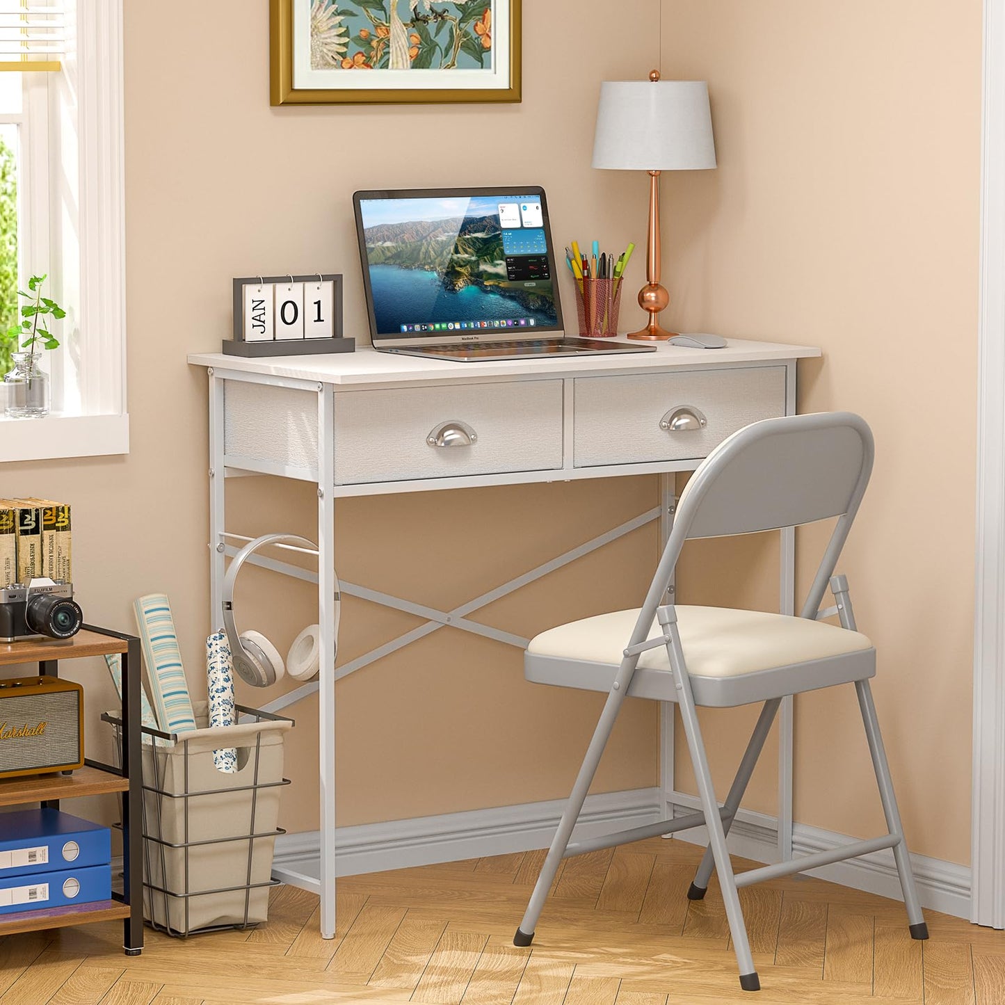 DAOUTIME White Writing Desk with 3 Drawers for Bedroom, 37.2 Inch Small Computer Desk for Small Spaces, Simple Study Table for Kids Bedroom, Home Office, Dorm, Living Room, Vanity Make Up Desk, White