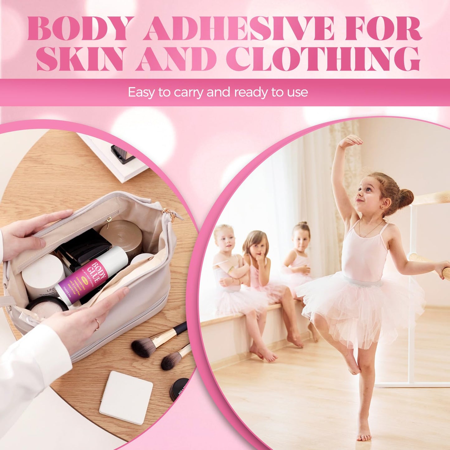 Body Glue for Clothes & Skin 2.54 Oz, Body Adhesive Roll-On, Water Wash Off Butt Glue, Sweat Resistant, Strong Fashion Glue for Dancers, Stagewear, Wigs, Bras, Socks& Costumes(75ml)