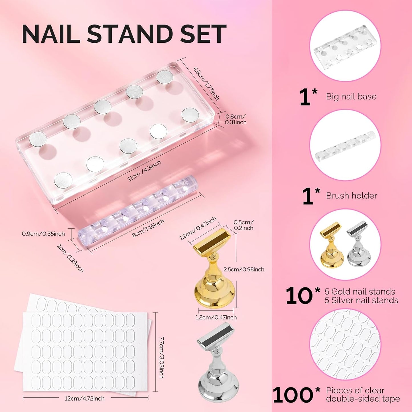 Nail Stand for Press Ons - Big Transparent Acrylic Base with Brush Holder & 100 Pcs Reusable Double-Sided Tape | DIY Salon Supplies