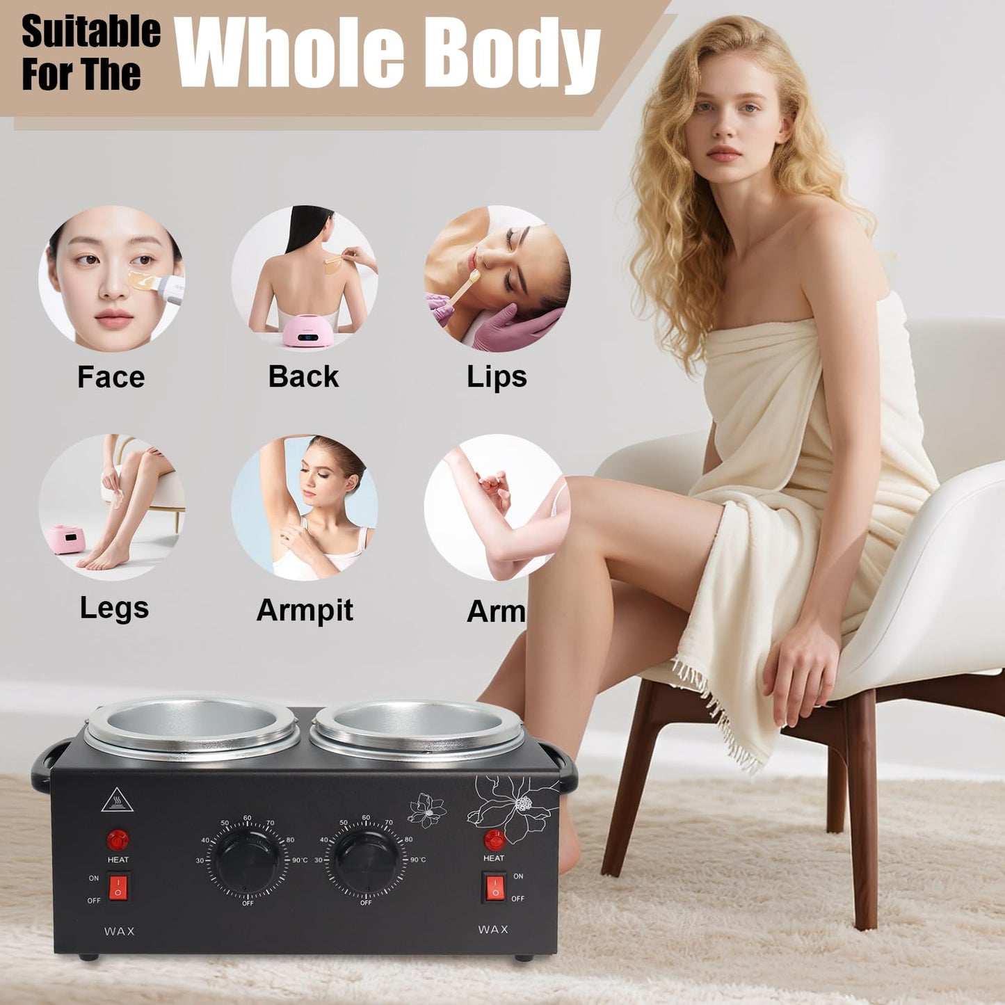 Wax Warmer Double Pot, Professional Electric Heater for Facial, Body, Spa, and Salon, 1.2L Dual Adjustable Temperature with 100 Wooden Craft Sticks, Hair Removal (Black)