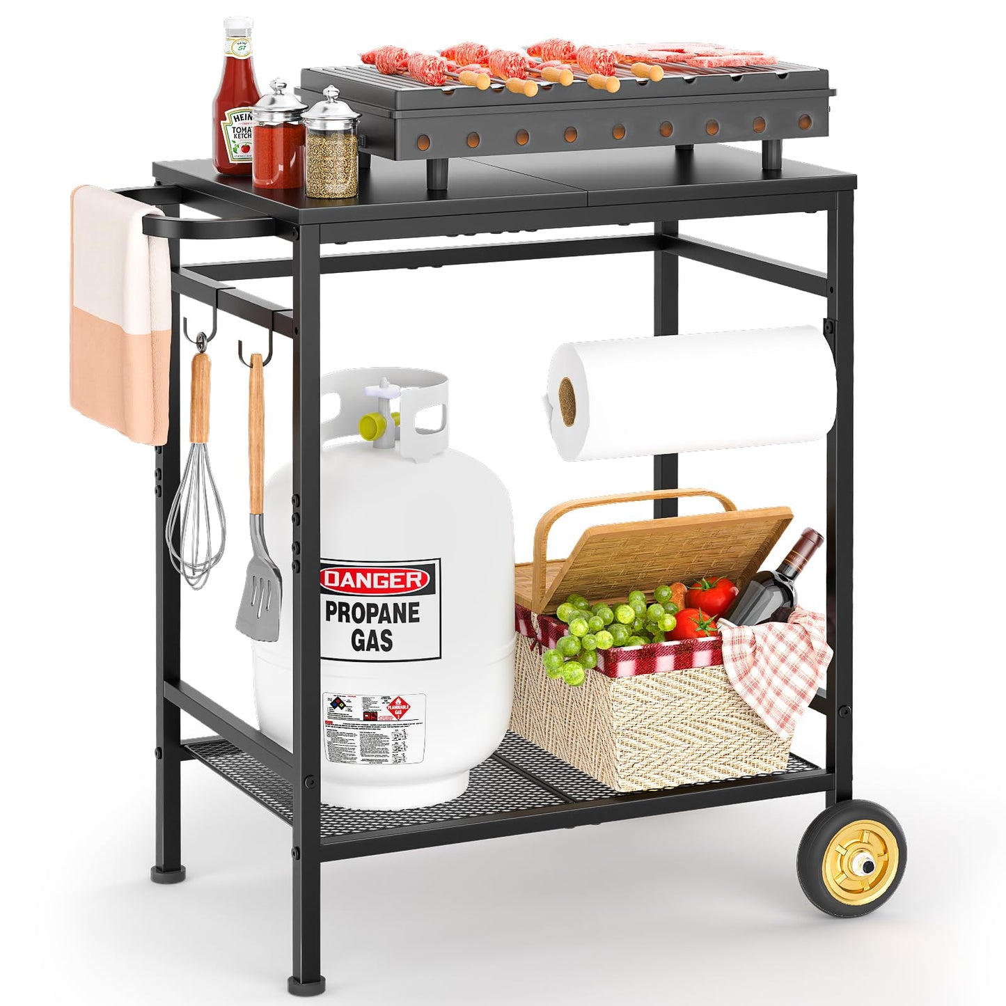 2-Tier Outdoor Grill Table with Wheels, Movable Cooking Food Prep Table for Outside BBQ Gathering, with 23.62" Lx 15.75" W Rust-resistant Tabletop, Griddle Stand for Patio & Backyard & Tools Room