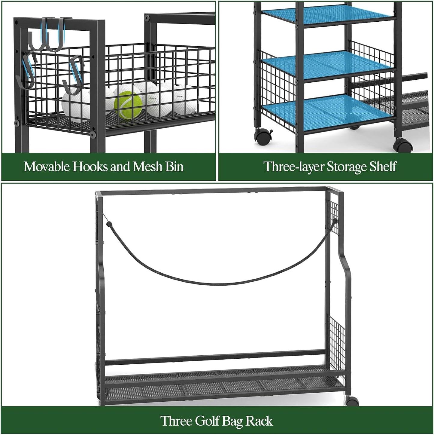 Golf Bag Storage Rack with Wheels - Durable Organizer for Golf Equipment | Ideal for Garage, Home, Shed (Black)
