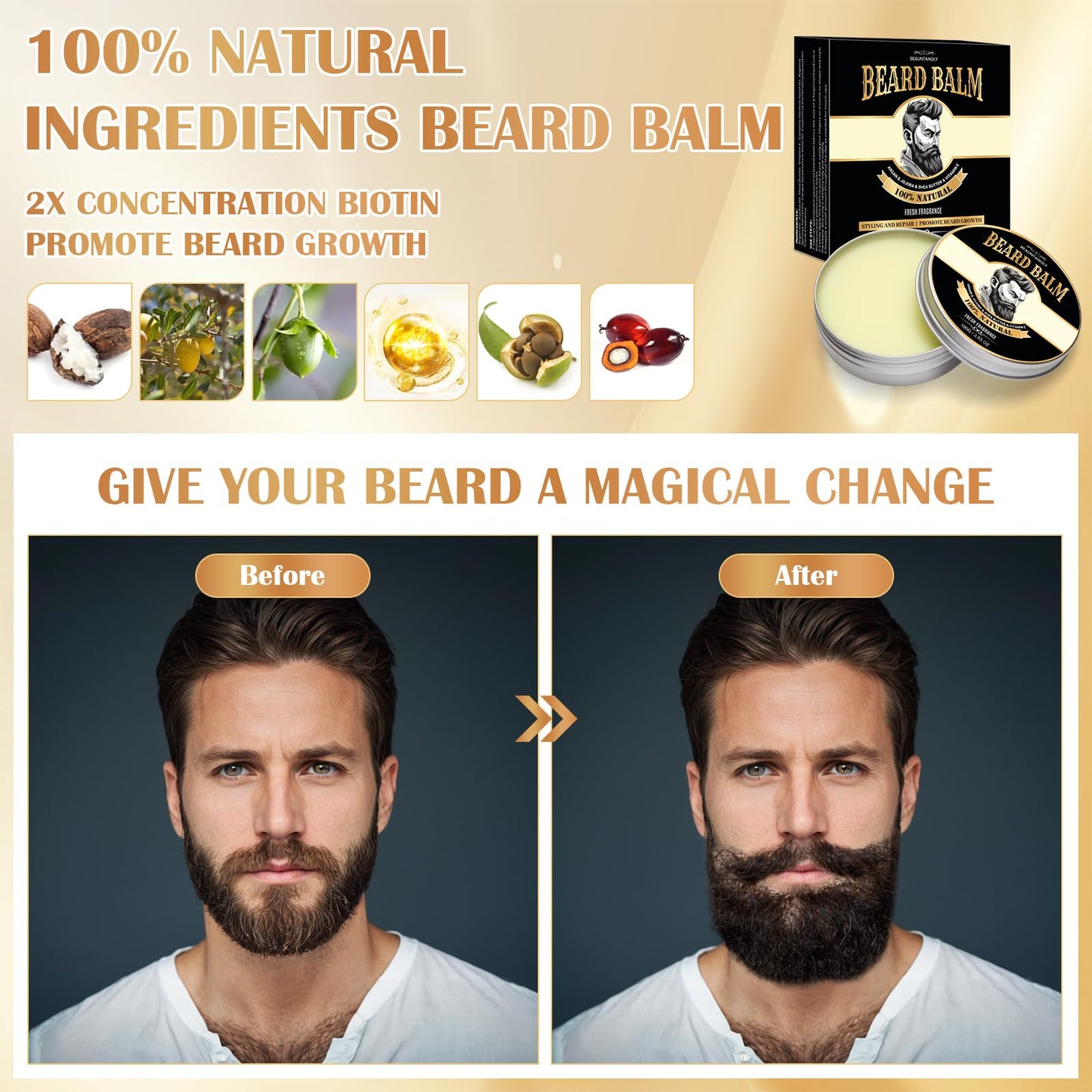 2 PACK Beard Balm for Men, 100% Natural with Shea Butter, Argan Oil, Jojoba Oil, Vitamin E - 7.06 OZ Beard Softener Moisturizer for Men