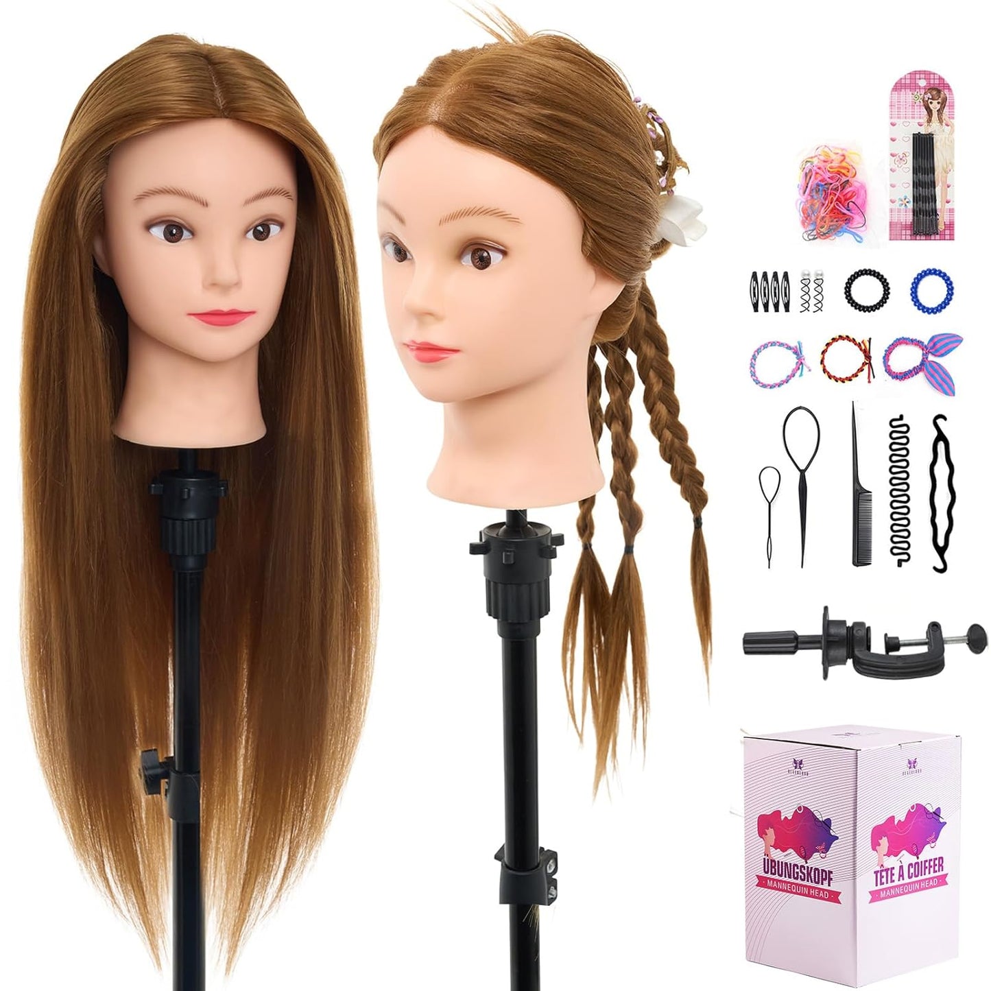 Real Hair Mannequin Head - 18" Human Hair Cosmetology Training Doll for Styling, Dying & Braiding | Black