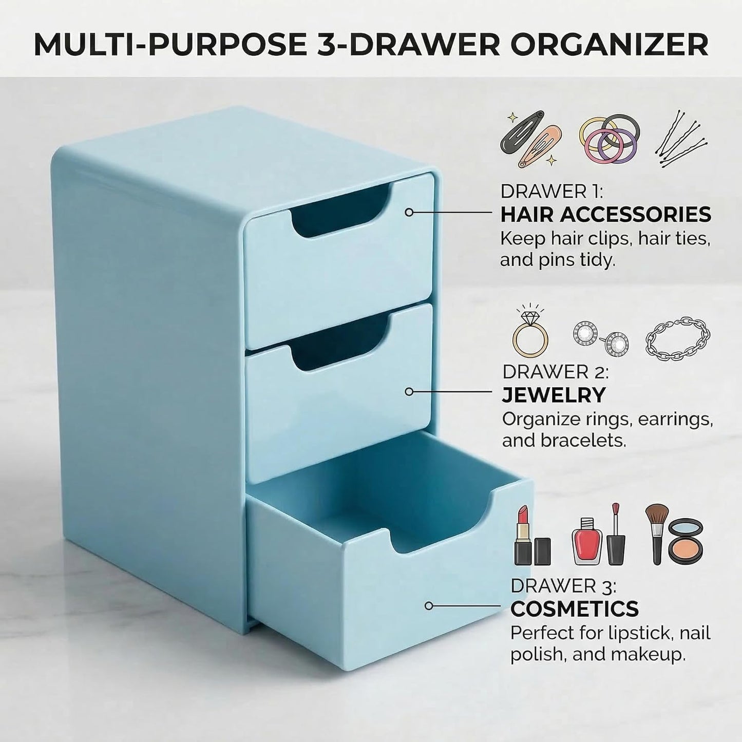 Mini Blue Plastic 3-Drawer Organizer - Hair Accessories & Makeup Storage | Compact Desktop Box for Girls