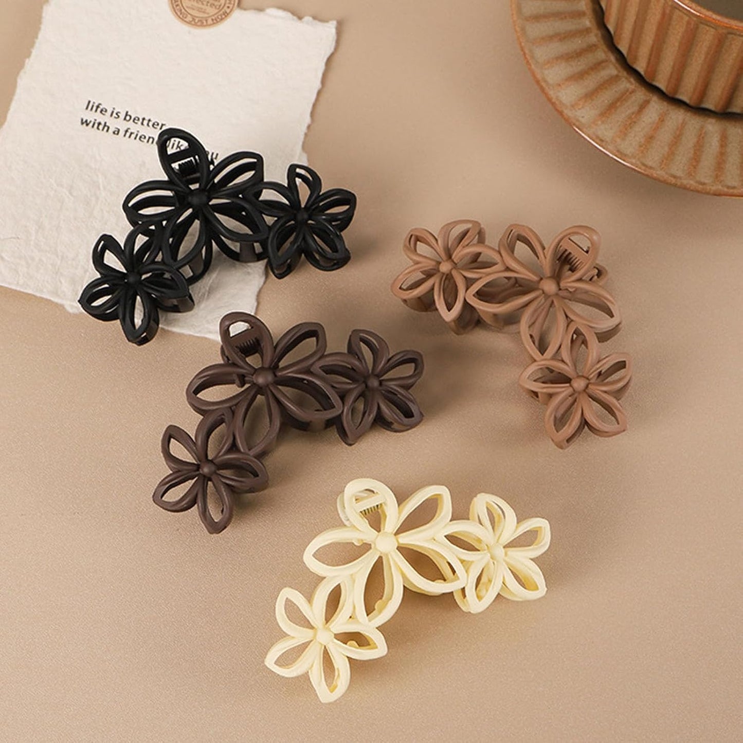 Large Matte Claw Hair Clips for Women - 4Pcs Hawaiian Plumeria Flower Design | Non-Slip Strong Hold Beach Accessories