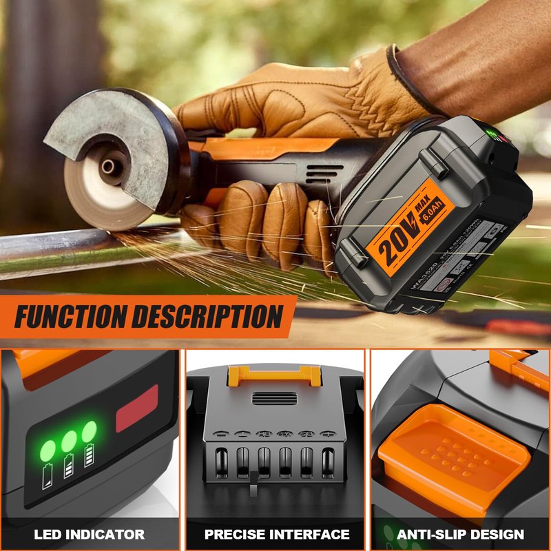 NEPOWILL 2Packs 20V 6.0Ah Replacement for Worx 20V Battery, Compatible with Worx Battery WA3578 WA3575 WA3520 WA3525 Fit for 20V Cordless Tools WG630, WG322, WG543, WG163