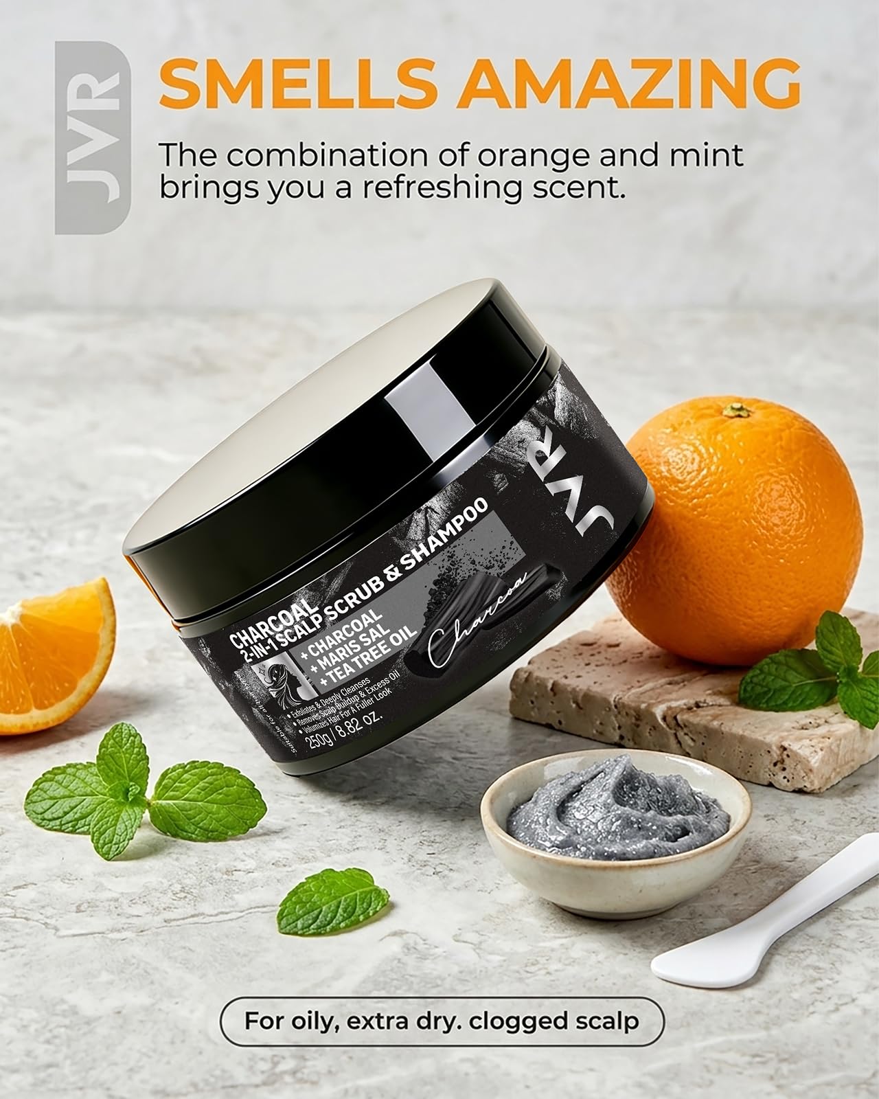 JVR Scalp Scrub Shampoo Charcoal 2-In-1 Scalp Exfoliator to Clarify Build Up, Dexofiy & Purify Cleanser for Shine & Hydration - Sea Salt, Tea Tree Oil, Vegan & Cruelty Free for Dry or Oily Scalp 8.8oz