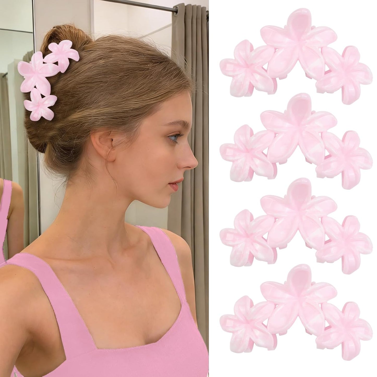 Cute Hawaiian Flower Claw Hair Clips - 4Pcs Large Clips for Thick or Thin Hair | Pink & Red Beach Accessories